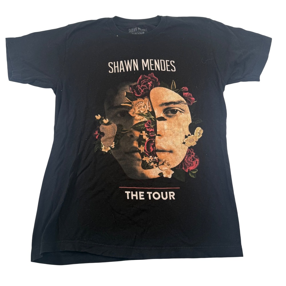 Shawn Mendes The Tour T-Shirt Black Floral Rose Graphic Pop‎ Band Tee Medium